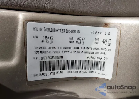 2002 Dodge Stratus Se z USA, uszkodzony, nr VIN 1B3EL36X82N118209